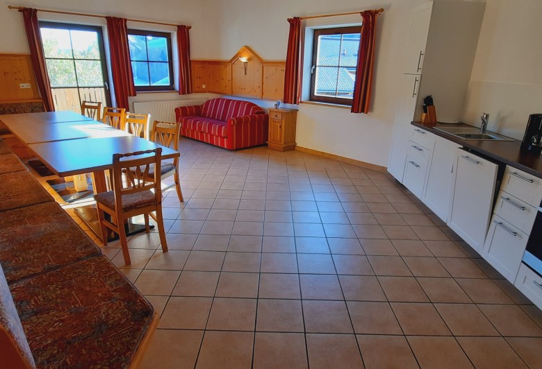 Appartement Dachsteinblick -  großer Wohnraum mit komplett eingerichteter Küche und Doppelcouch